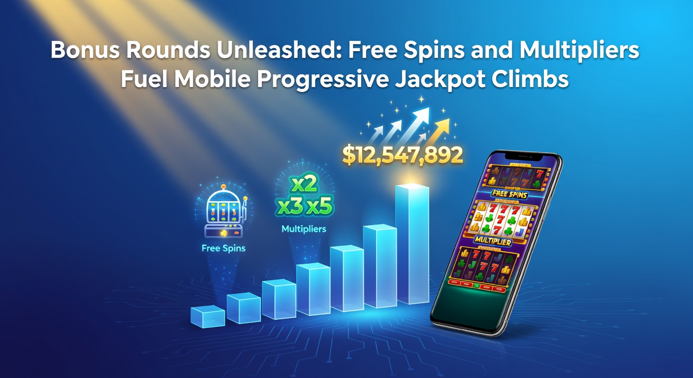 Dynamic graphic of multiplier stacks building during a mobile slot bonus round, with progressive jackpot meter rising in the background