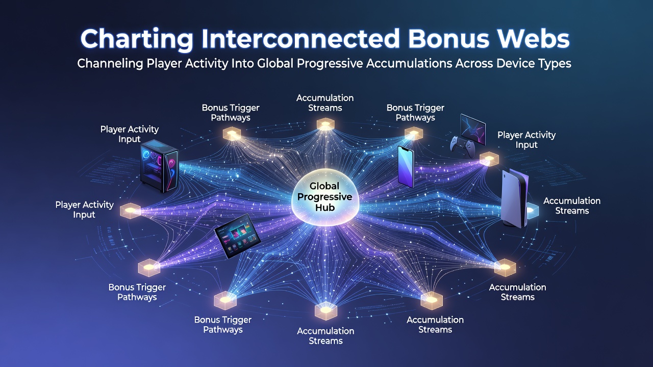 Diagram showing interconnected bonus webs linking player activity to global progressive jackpots across desktop, mobile, and tablet devices