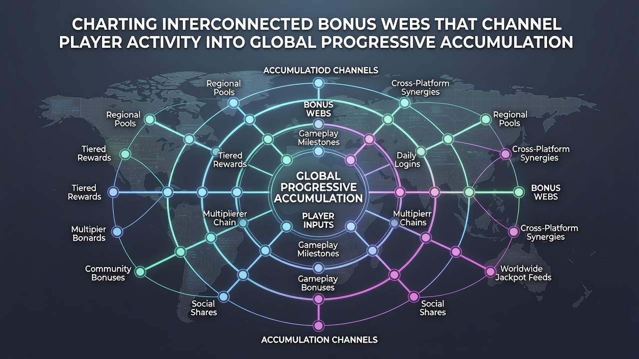 Illustration of player activity flowing from various devices into a central global progressive accumulation system