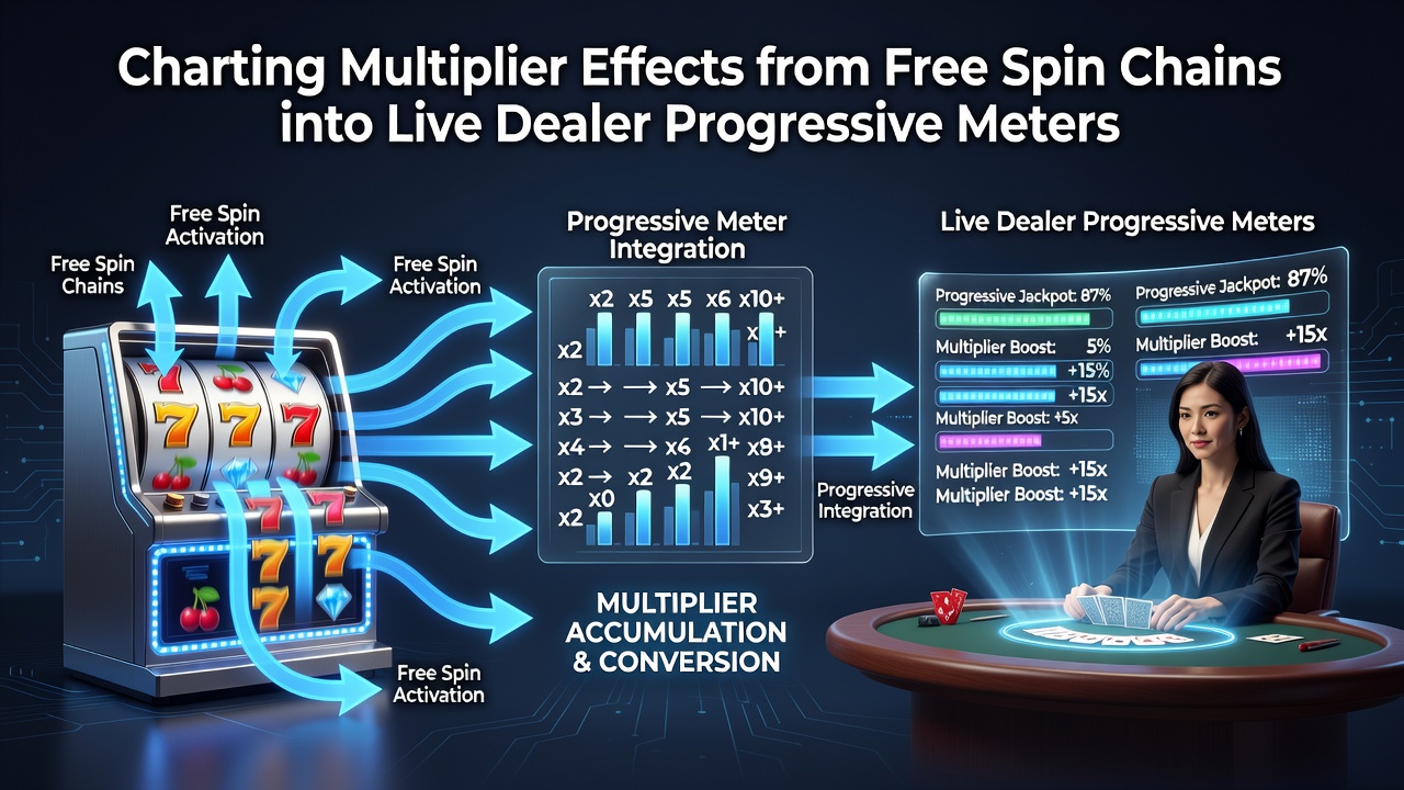 Live dealer table interface displaying progressive meter updates triggered by free spin multiplier chains from connected slot sessions