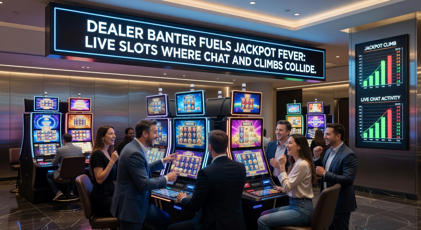 Close-up of progressive jackpot meter soaring in a live slot stream, surrounded by lively dealer gestures and player chat overlays exploding with excitement