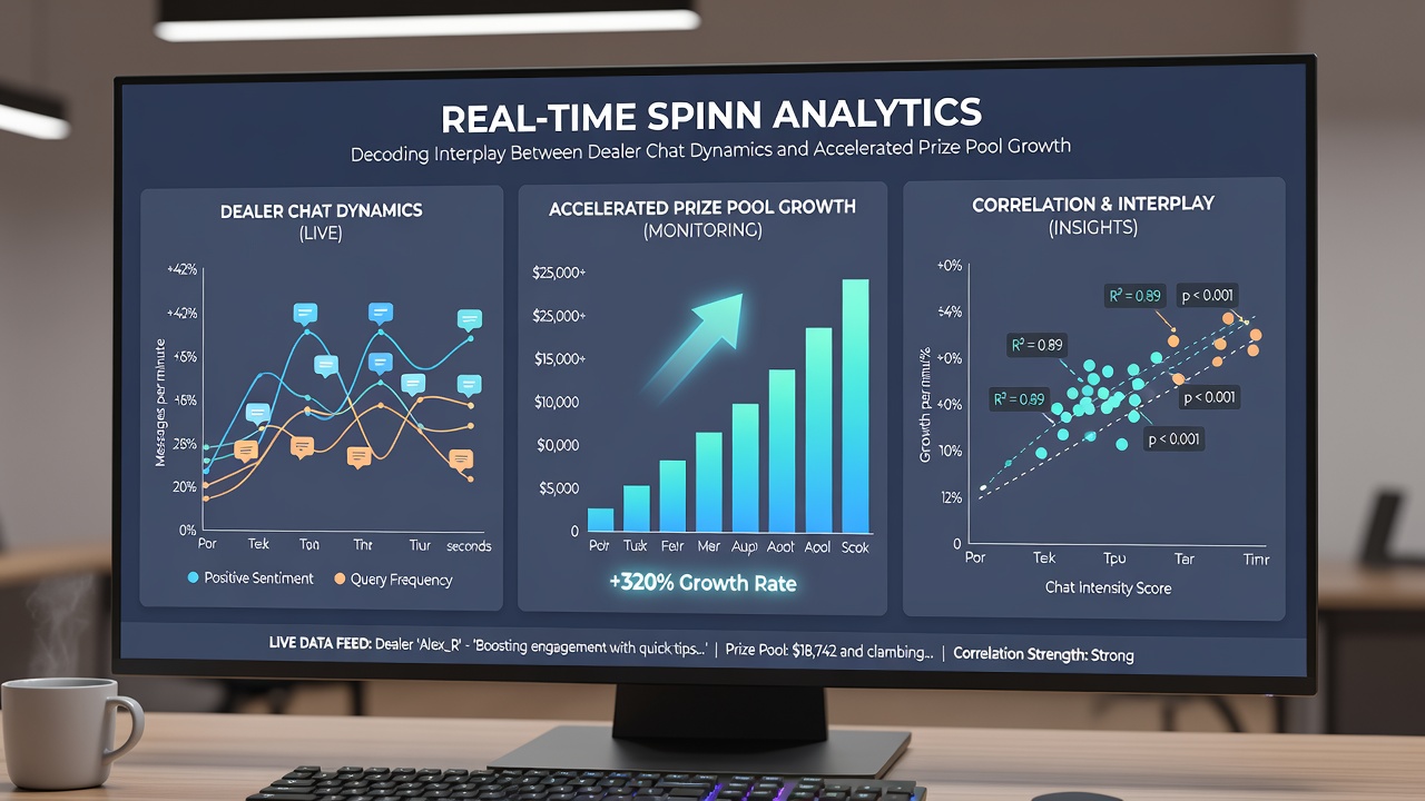 Real-time spinning interface showing dealer chat alongside growing prize pool display