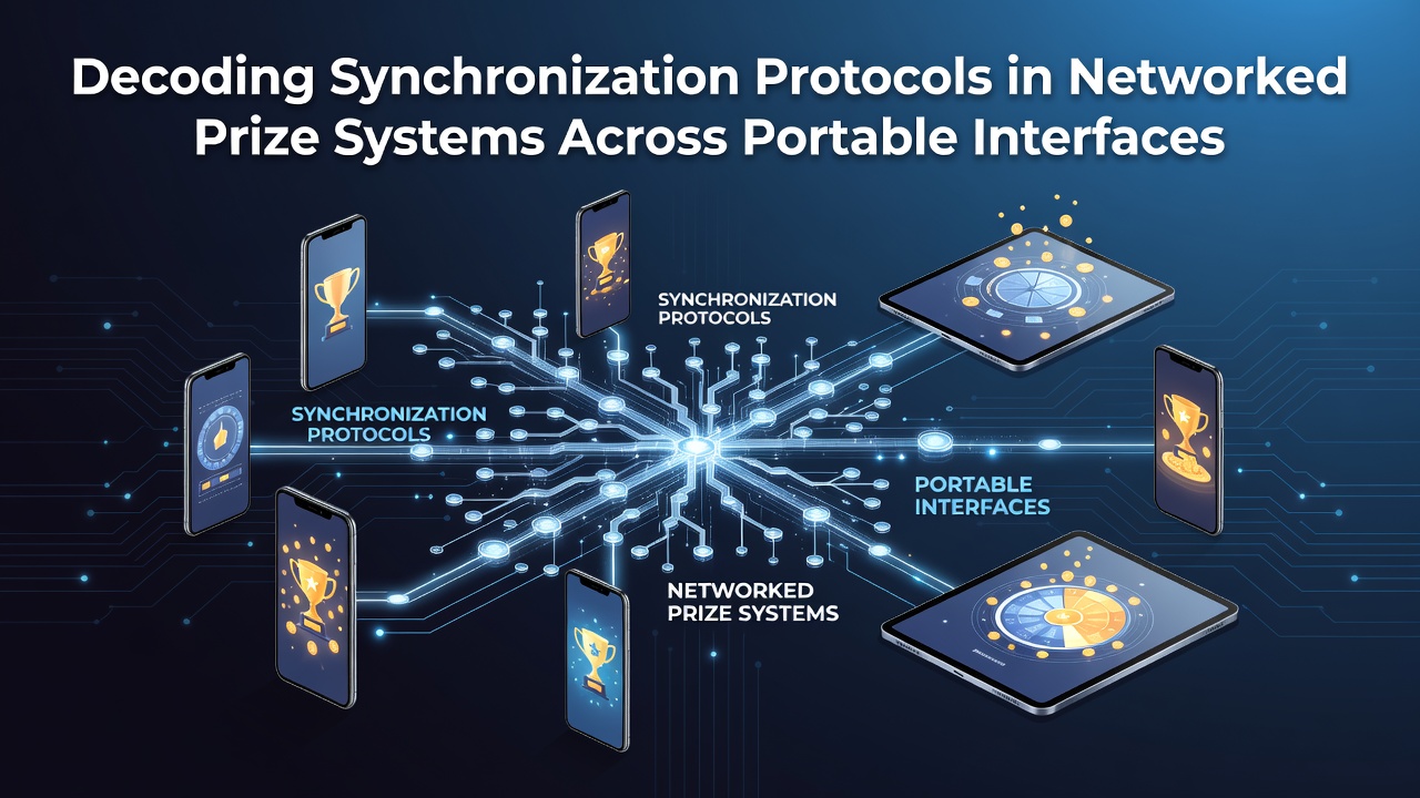 Network diagram showing data synchronization across mobile devices in prize systems