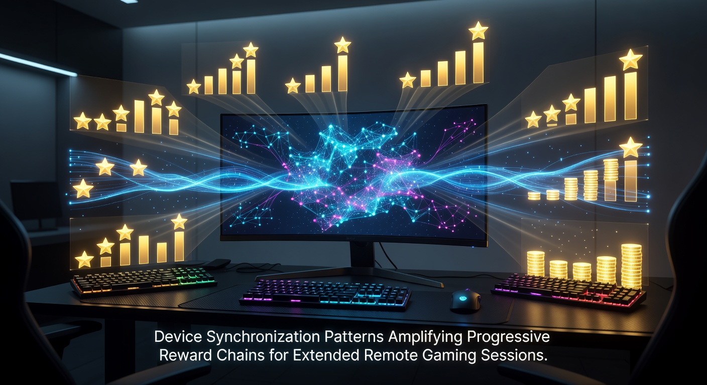 Illustration of synchronized smartphones, tablets, and laptops displaying connected progressive slot interfaces during extended gaming sessions