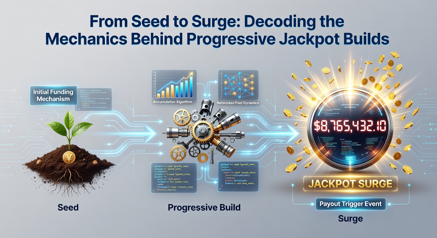 Digital illustration of a progressive jackpot meter climbing from a small seed amount toward a massive payout surge, with slot reels and cascading coins in the background
