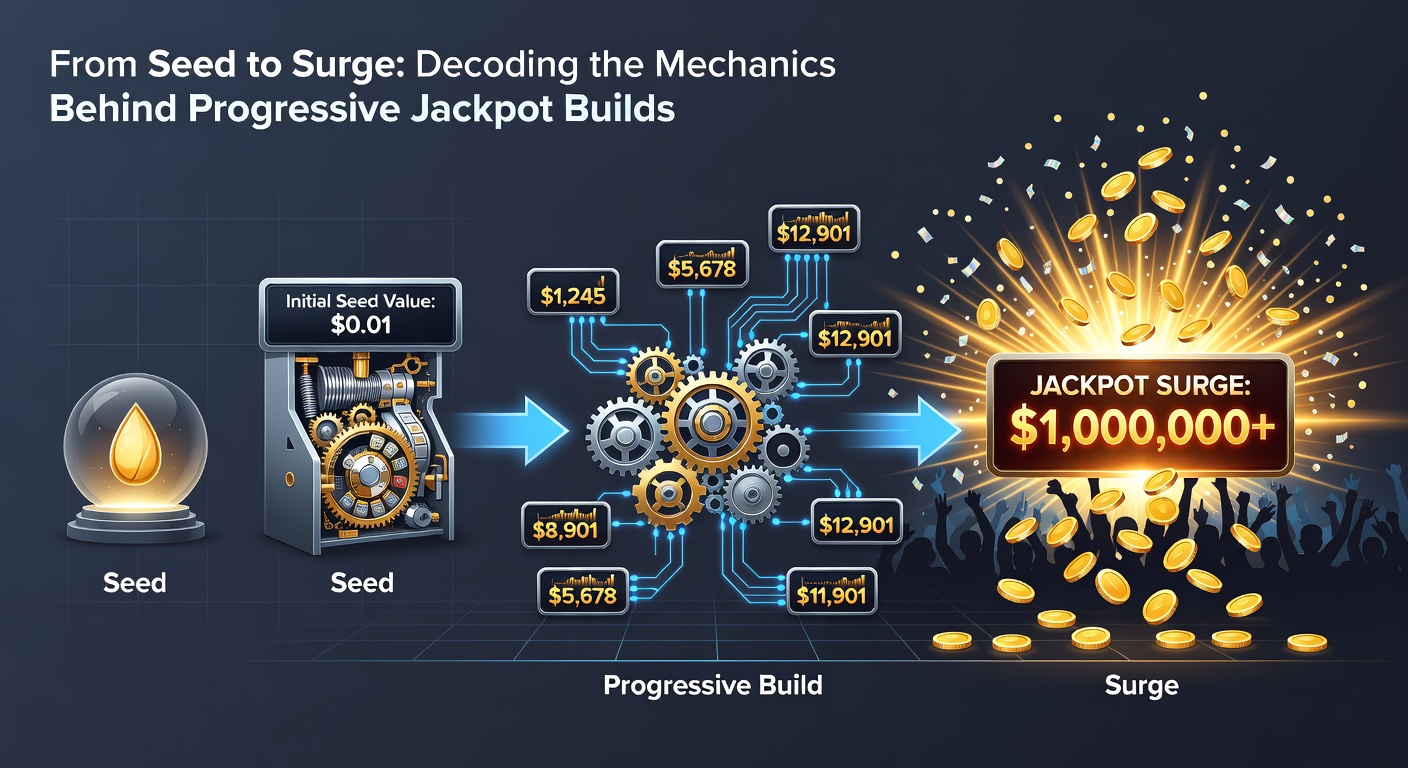 Close-up of slot machine progressive jackpot display showing layered meters (mini, major, mega) with contribution percentages and a seed value resetting after a simulated hit