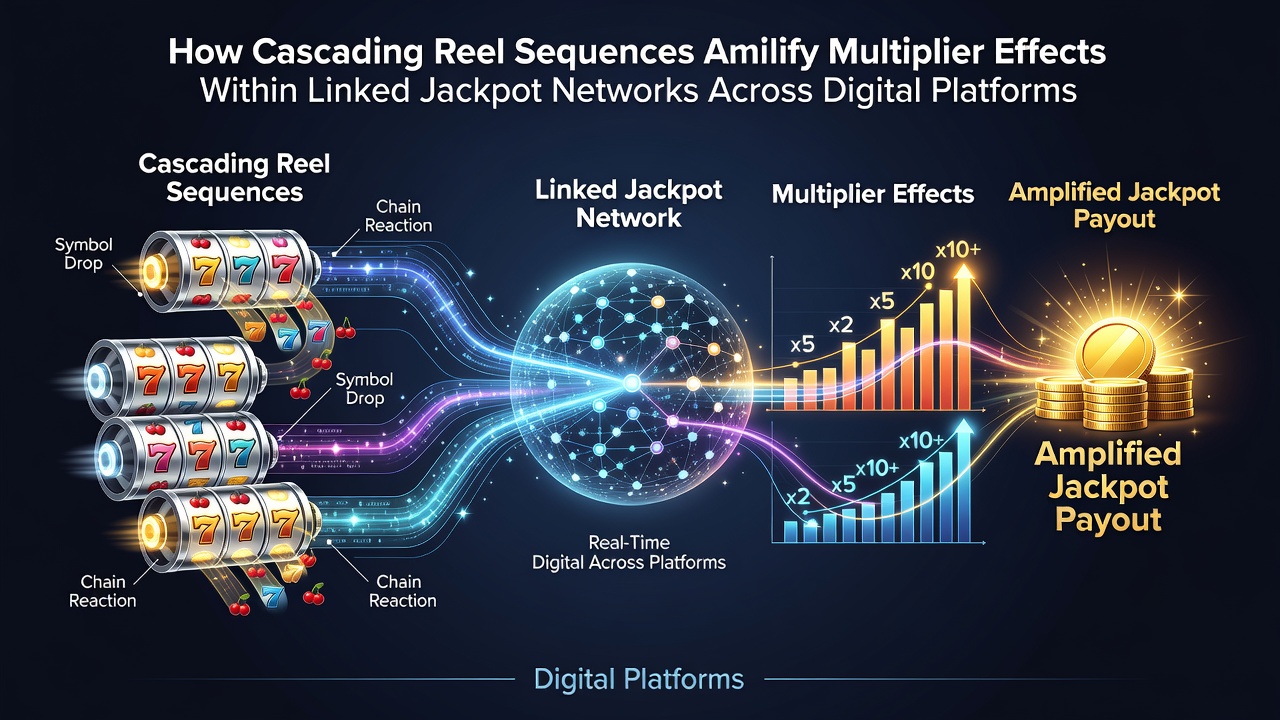 Network diagram illustrating linked jackpot contributions from cascading slot sequences across digital platforms