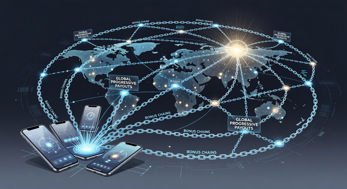 Network diagram illustrating data flows between mobile devices and international progressive jackpot servers