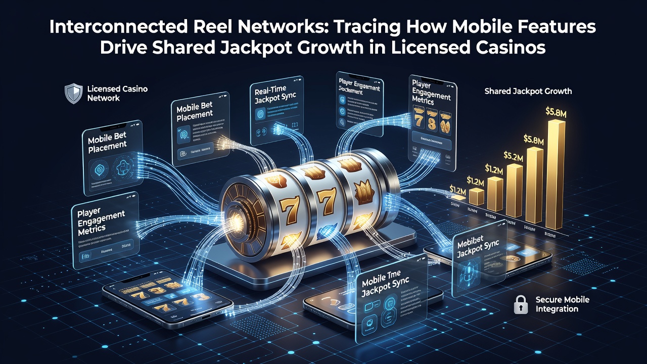 Interconnected reel networks displaying linked progressive jackpots across mobile casino platforms in licensed operations