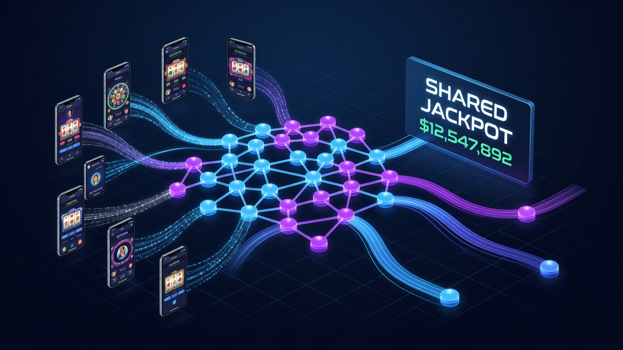 Mobile interface showing live progressive jackpot counters connected through licensed casino networks