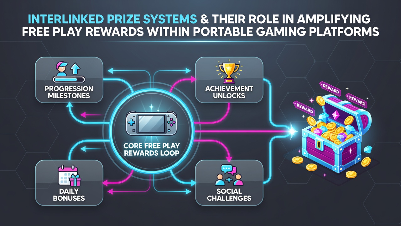 Diagram showing mobile devices connected through shared prize networks with free play bonus pathways highlighted