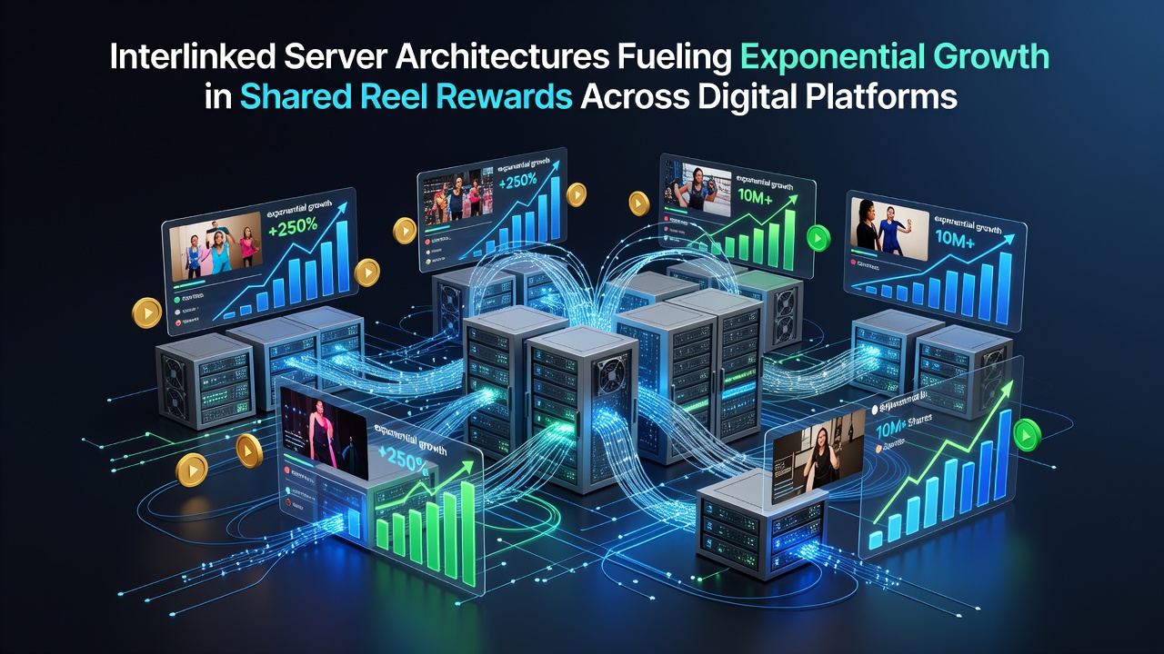 Diagram showing interconnected server nodes distributing shared reel rewards across multiple digital platforms in a global network