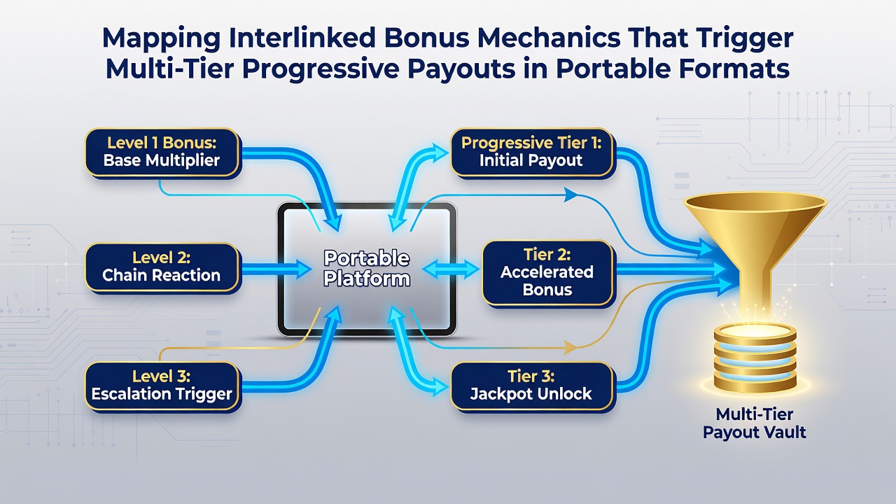 Flowchart illustrating bonus trigger sequences leading to escalating progressive payout tiers on portable devices
