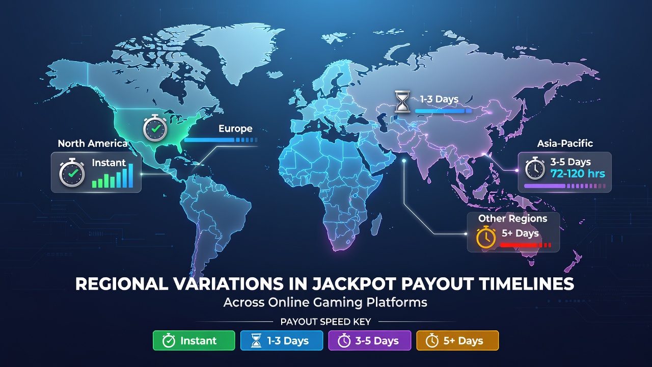 Infographic comparing average jackpot payout durations in days across North America, Europe, and Asia-Pacific regions