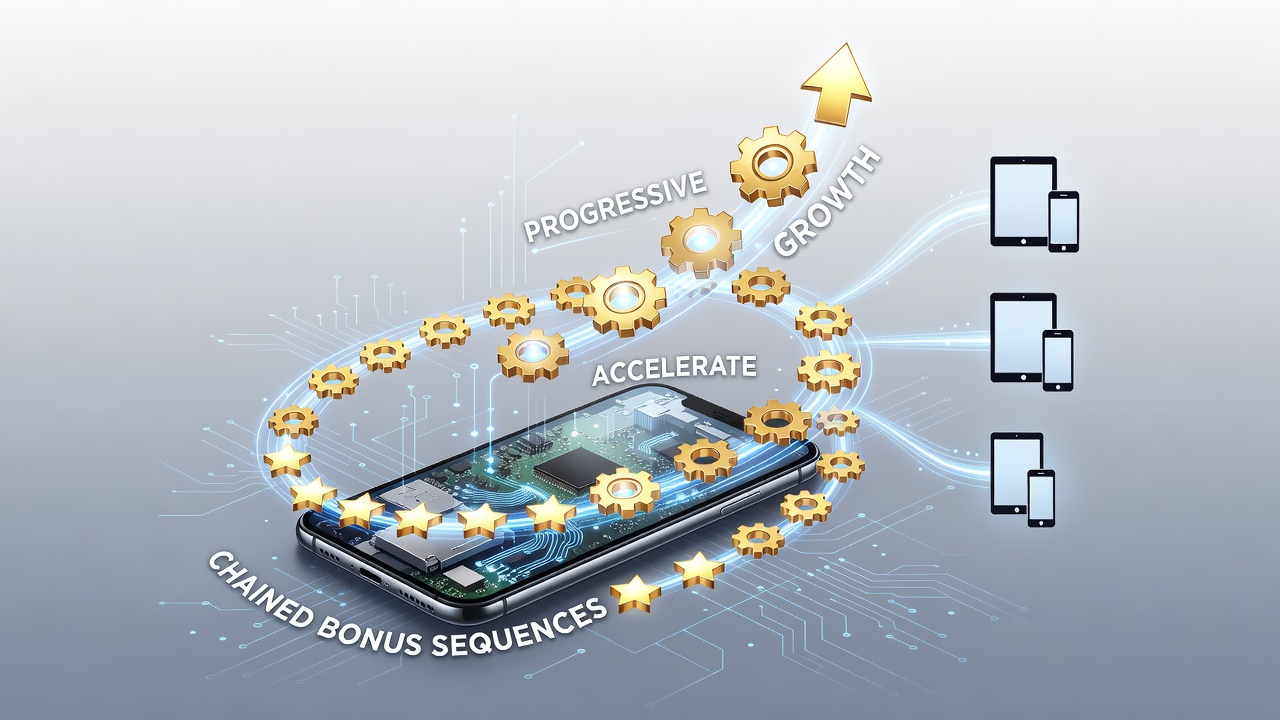 Flowchart showing multiplier stacking pathways and progressive pool contributions during chained mobile bonus sequences