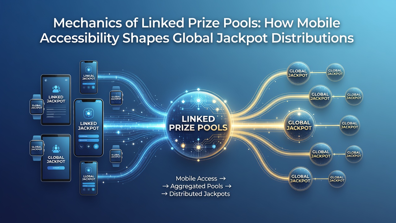 Illustration of interconnected jackpot networks across mobile devices showing global prize pool contributions