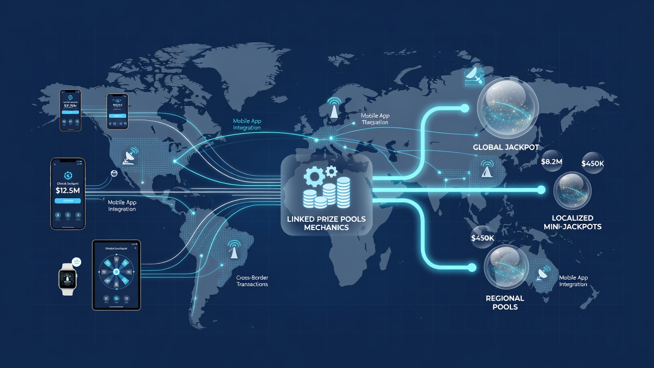 Global map highlighting mobile-driven contributions to linked prize pools with data overlays on jackpot win locations
