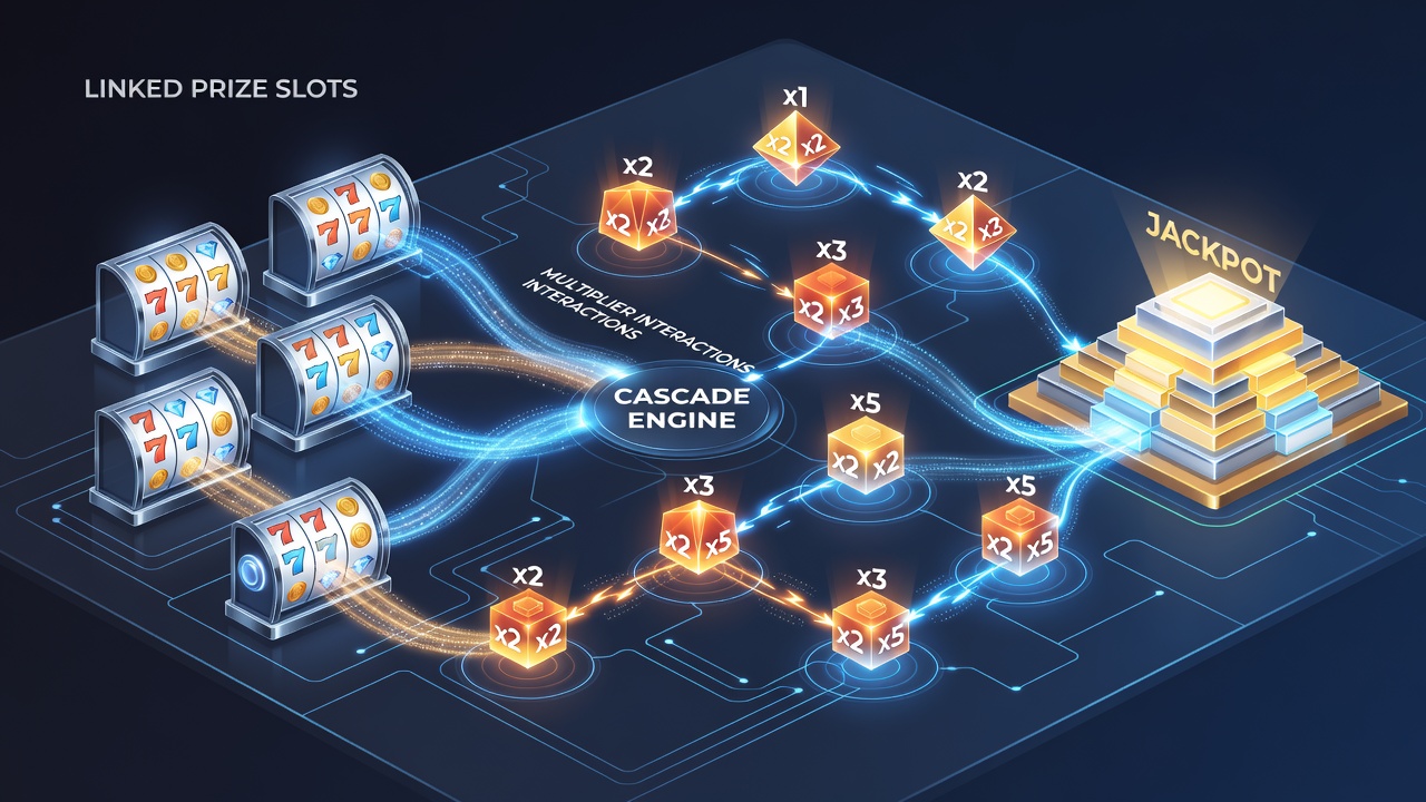 Diagram illustrating multiplier stacking across linked jackpot slots with cascade pathways highlighted