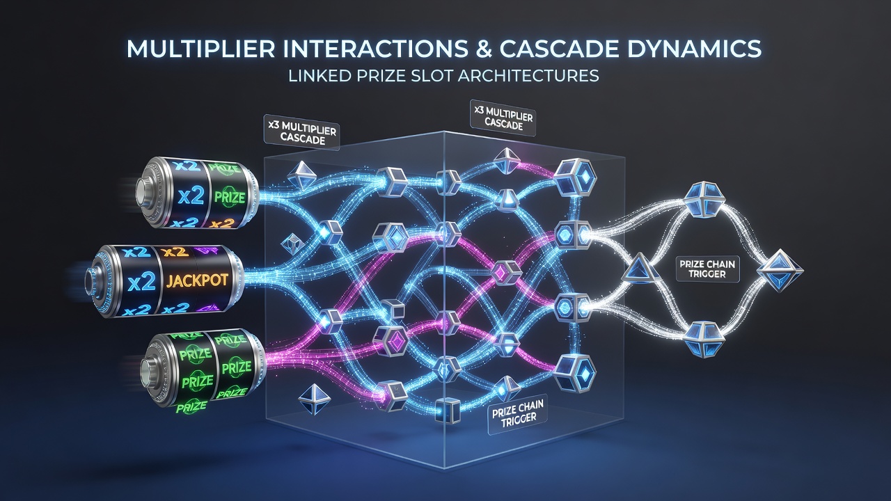 Screenshot of cascading reels in a linked progressive slot showing multiplier values updating in real time