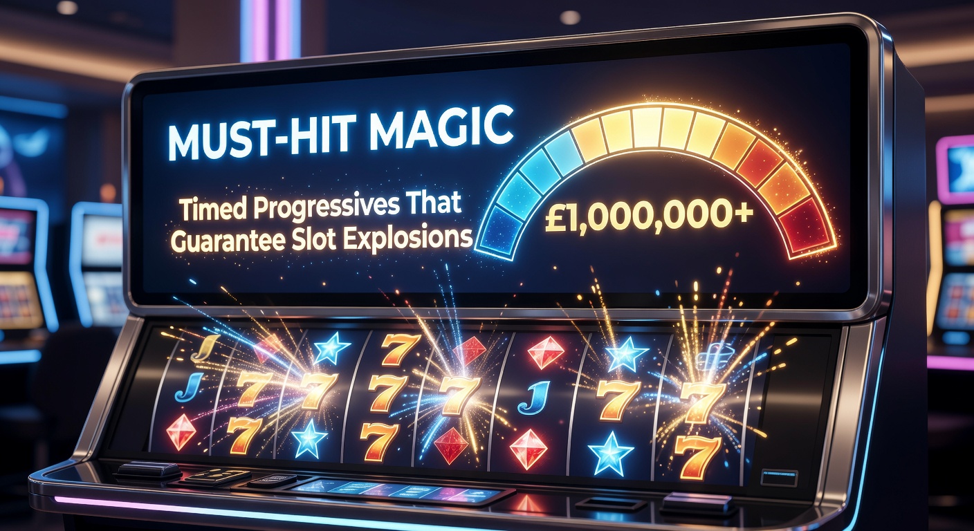 Vibrant slot machine screen showing a ticking must-hit progressive jackpot meter nearing its guaranteed payout threshold, lights flashing in anticipation of an explosion