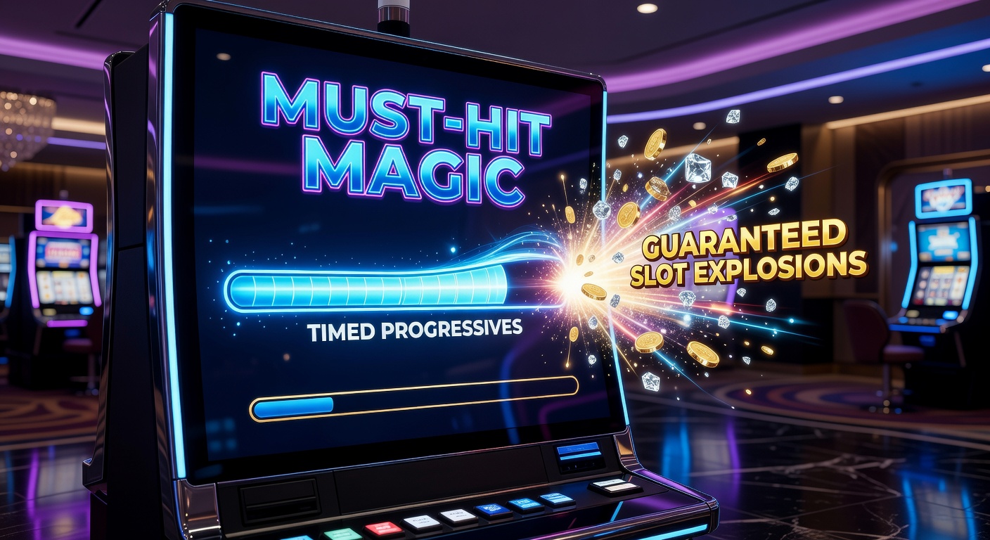 Close-up of a casino slot bank with multiple must-hit progressive displays synchronized, one jackpot meter flashing red as it approaches the guaranteed hit point amid cheering players