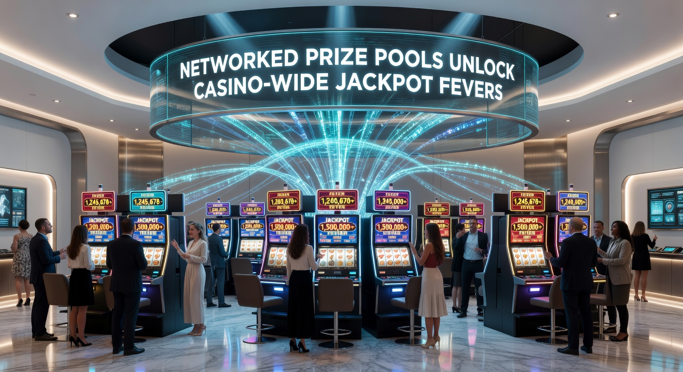 Vibrant casino floor with glowing networked slot machines displaying massive shared jackpot meters climbing in unison
