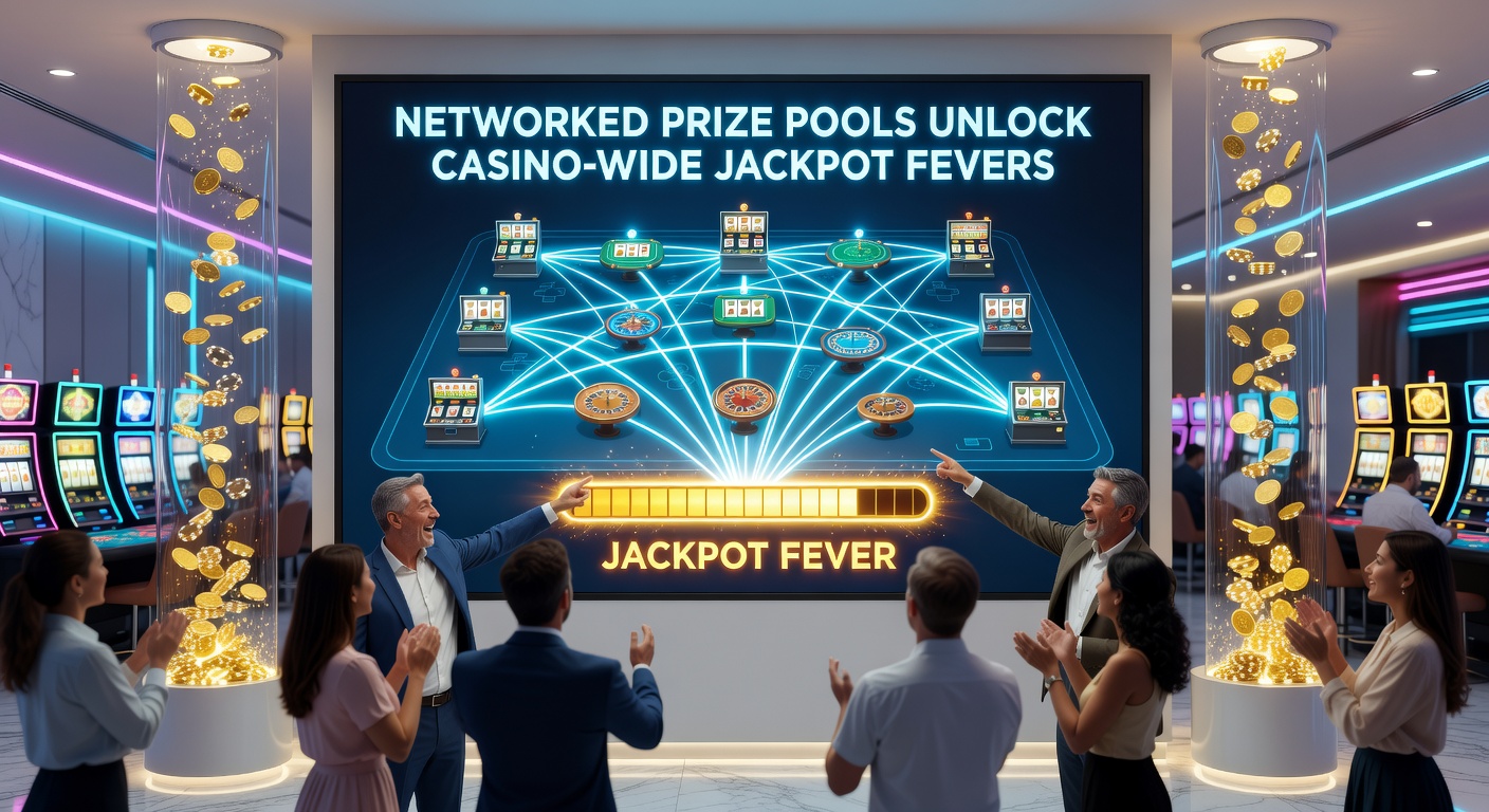 Dynamic display of interconnected slot screens showing synchronized jackpot pools surging toward record highs amid cheering crowds