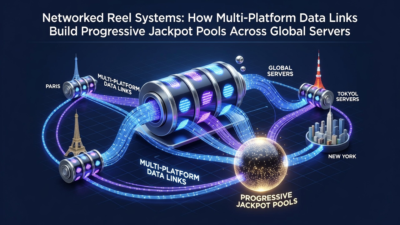 Diagram showing interconnected reel systems linking multiple online slot platforms across global servers for shared progressive jackpots