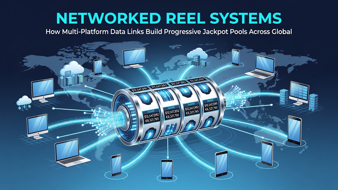 Illustration of real-time data synchronization between global slot servers building a shared progressive jackpot pool