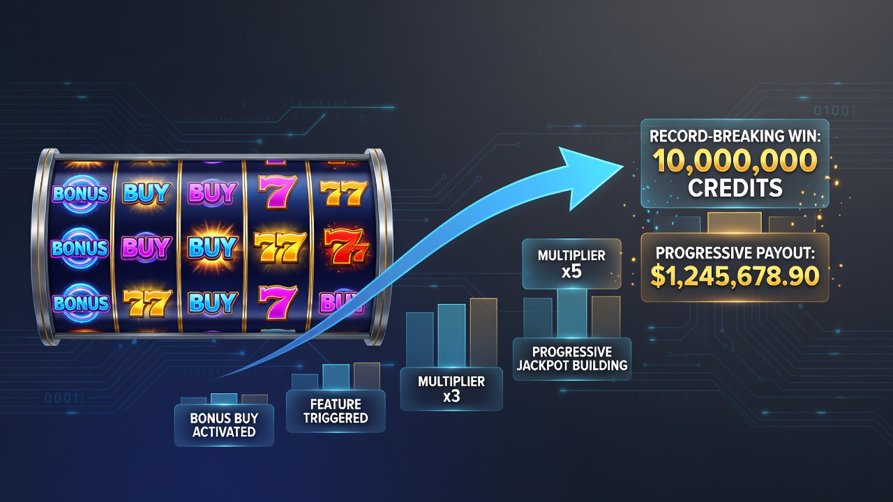 Digital slot reels displaying bonus buy options and progressive jackpot meters climbing during gameplay sessions
