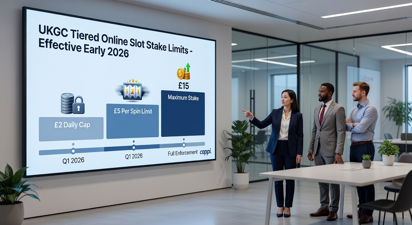 Graphic representation of slot machine paylines locked behind tiered barriers, symbolizing UKGC's 2026 stake limits and bonus restrictions with tax icons in the background