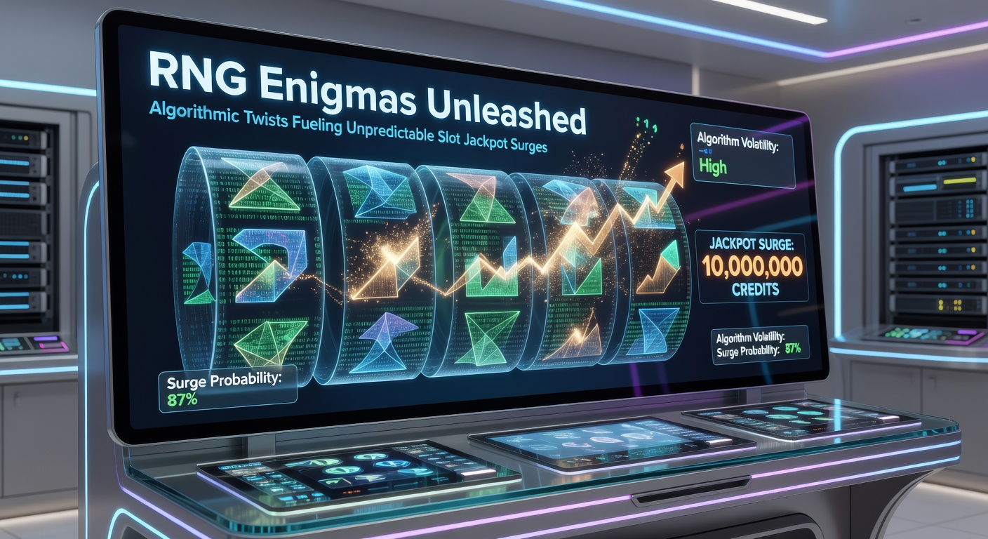 Dynamic graphic of progressive jackpot meters rising unpredictably, fueled by RNG-driven spins across interconnected slot networks