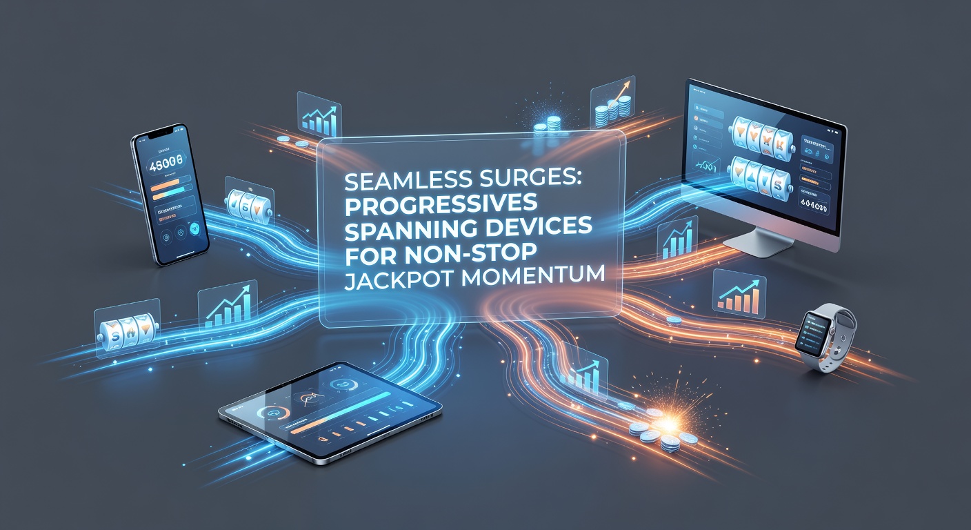 Dynamic graphic of a progressive jackpot meter surging upward, with icons representing mobile, tablet, and desktop devices connected in a continuous loop
