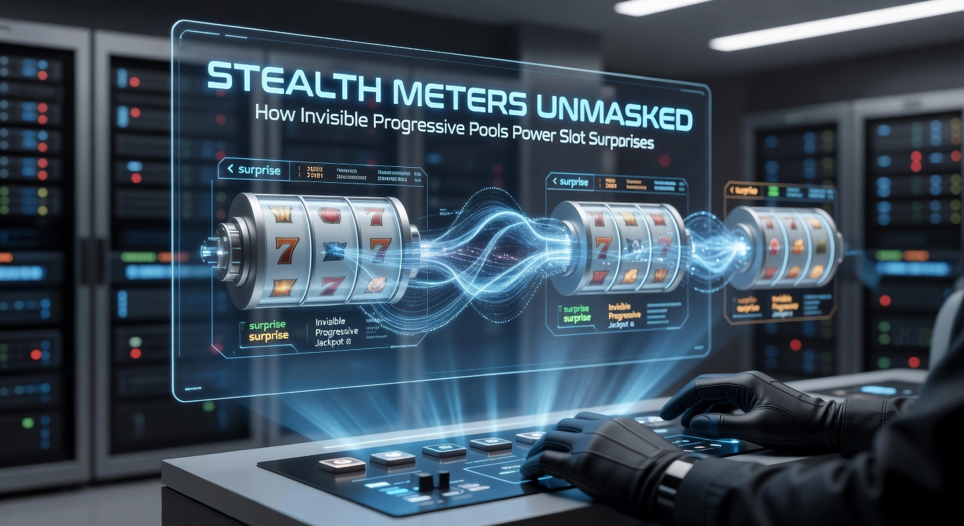 Digital illustration of slot machine reels with a hidden glowing progressive jackpot meter lurking in the shadows behind the symbols, symbolizing invisible pools building unseen