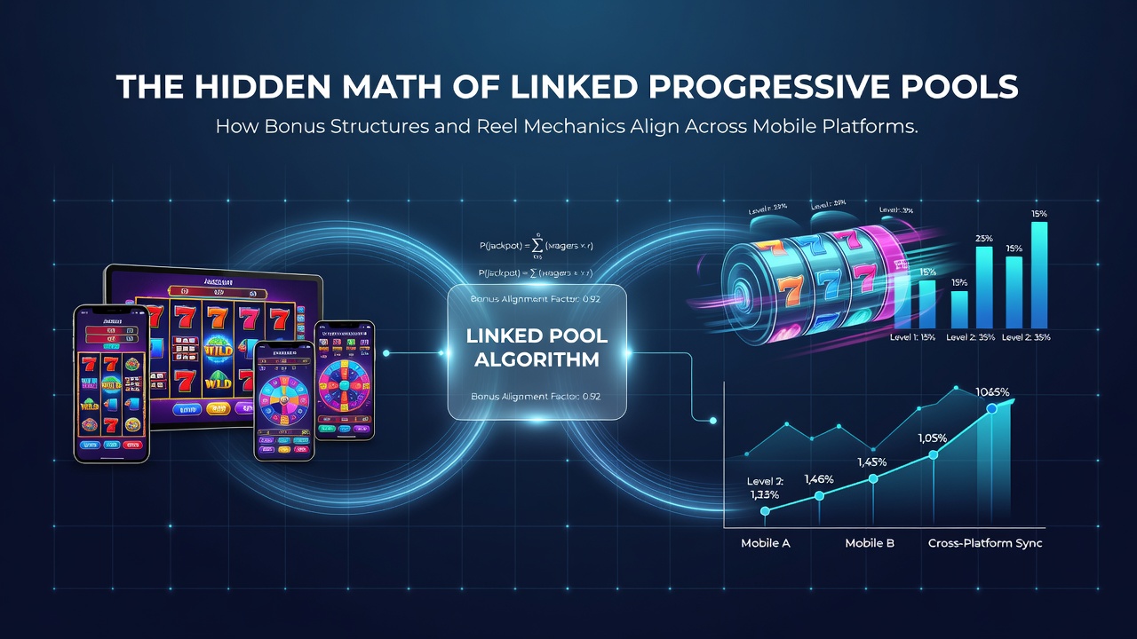 Diagram showing linked progressive pool contributions flowing into mobile slot reels and bonus triggers