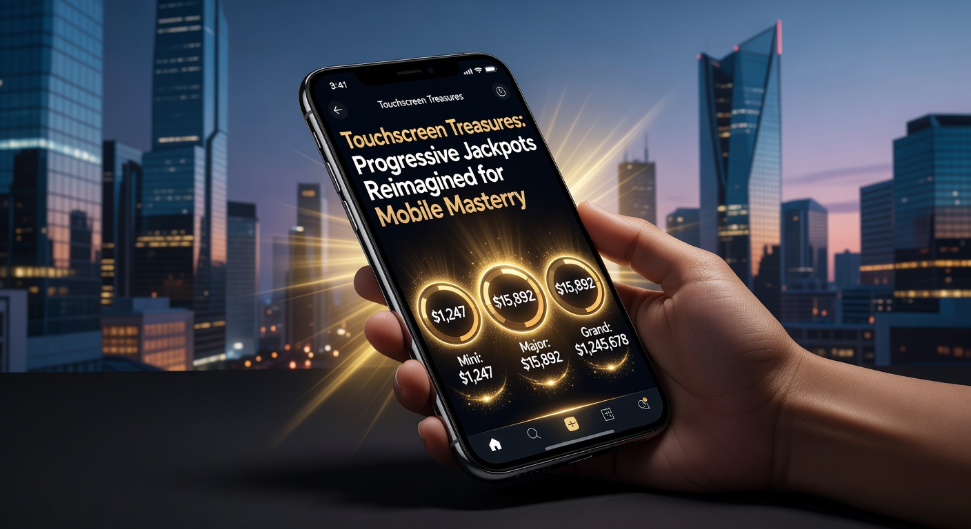 Player's hand interacting with a mobile progressive slot, jackpot counter nearing critical mass amid glowing touchscreen effects and bonus overlays