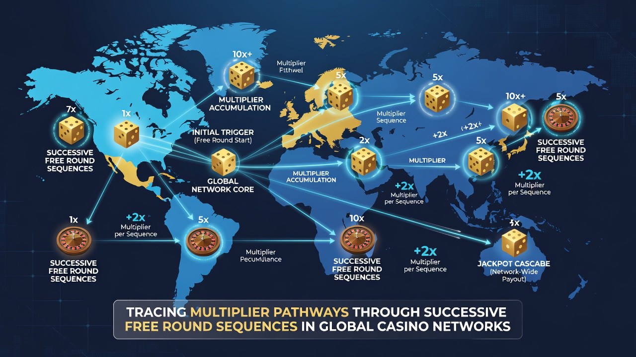 Diagram showing data flow of multiplier pathways in successive free rounds on global casino networks