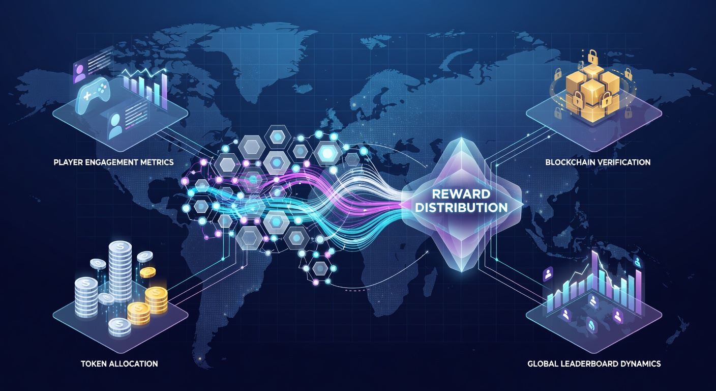 Visual representation of interconnected global gaming servers distributing rewards across player networks