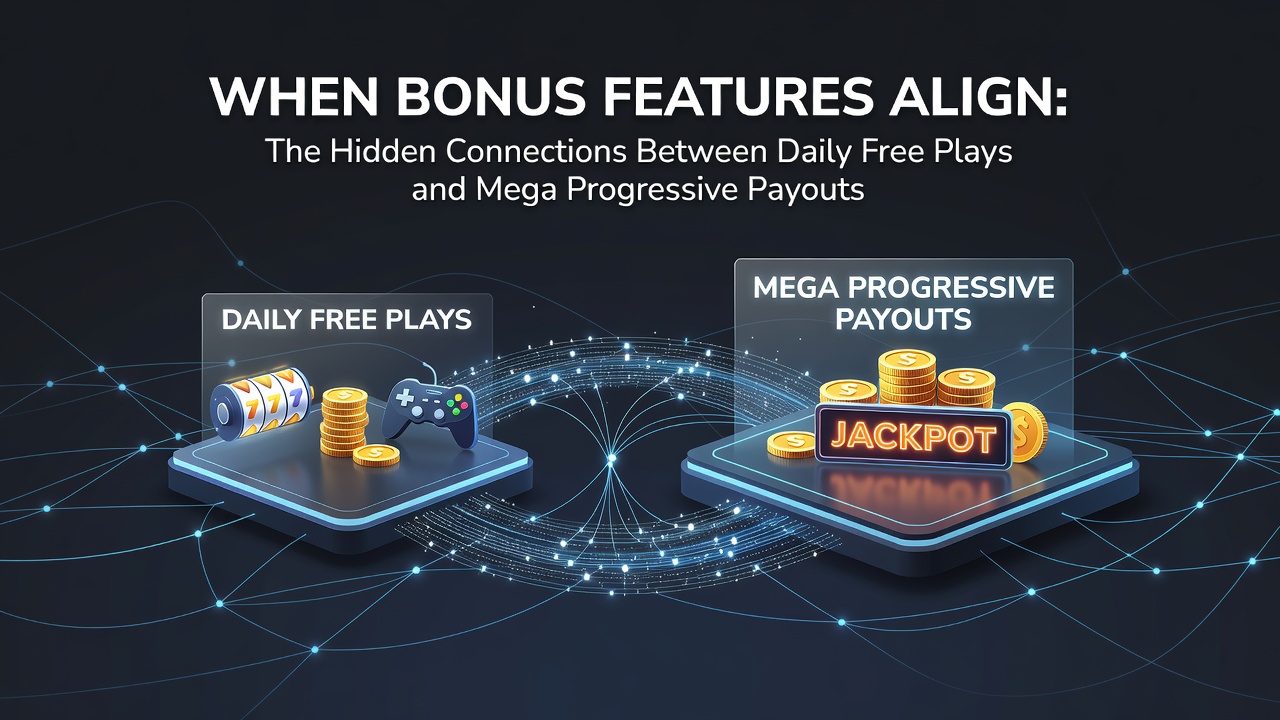 Progressive jackpot display with bonus feature overlays indicating free play contributions