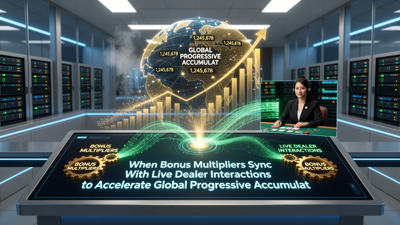 Global progressive jackpot meter rising alongside live dealer table activity and multiplier displays